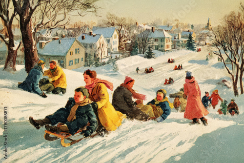 Children enjoy a winter day outside, sledding down snowy hills while dressed in warm clothes, capturing the joy and nostalgia of Christmas activities from the 1950s and 1960s