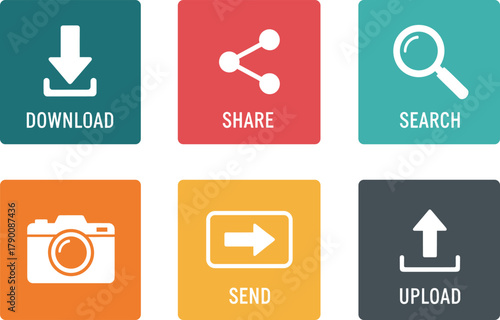 Digital action icons, download upload share search photo send buttons, white glyphs on colorful squares, UI interface symbol set