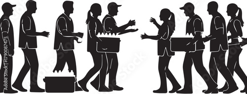 Silhouettes of diverse volunteers distributing donations on international volunteer day