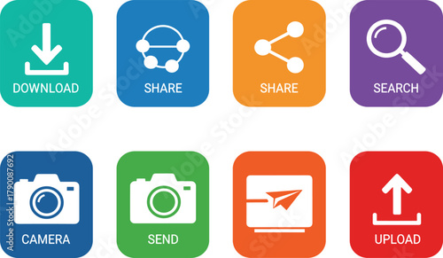 Digital action icons, download upload share search send photo buttons, colorful square UI symbols for apps and websites