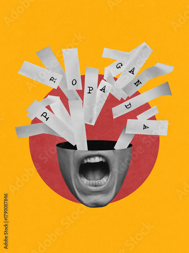 Creative digital artwork. Open mouth shouting propaganda letters on yellow background. Concept of ideology spread, emotional persuasion, manipulation, and dominance in mass communication.