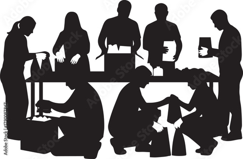 Diverse group of people volunteering together sorting supplies for charity or community event