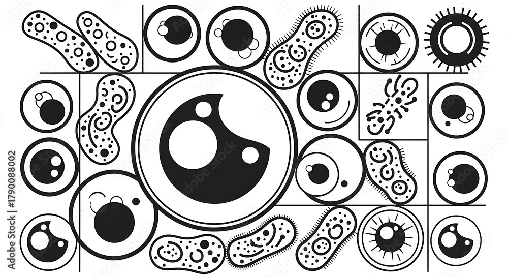 Fototapeta premium “Abstract Microbial World – Modern Black and White Microscopic Cell Art Background”