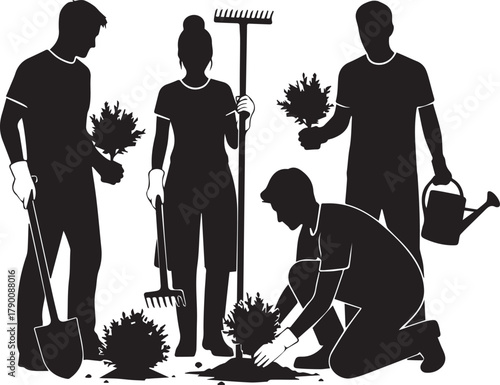 Diverse group of people volunteering together gardening on international volunteer day planting flowers and trees