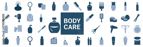 Body care icons set, cosmetology and beauty makeup symbols, cosmetics collection, skincare, facial care, haircare, wellness, spa, vector illustration design