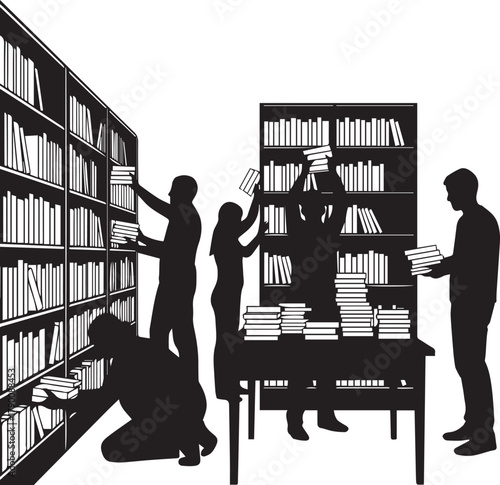 Diverse volunteers arranging books in library shelves promoting education and knowledge sharing