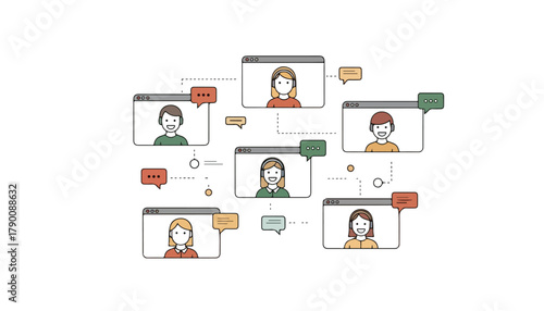 Illustration of six people in video conference calls with speech bubbles, connected by lines, representing online communication.