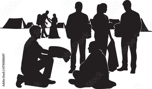 Volunteers setting up camp international volunteer day community service outdoor activity silhouette