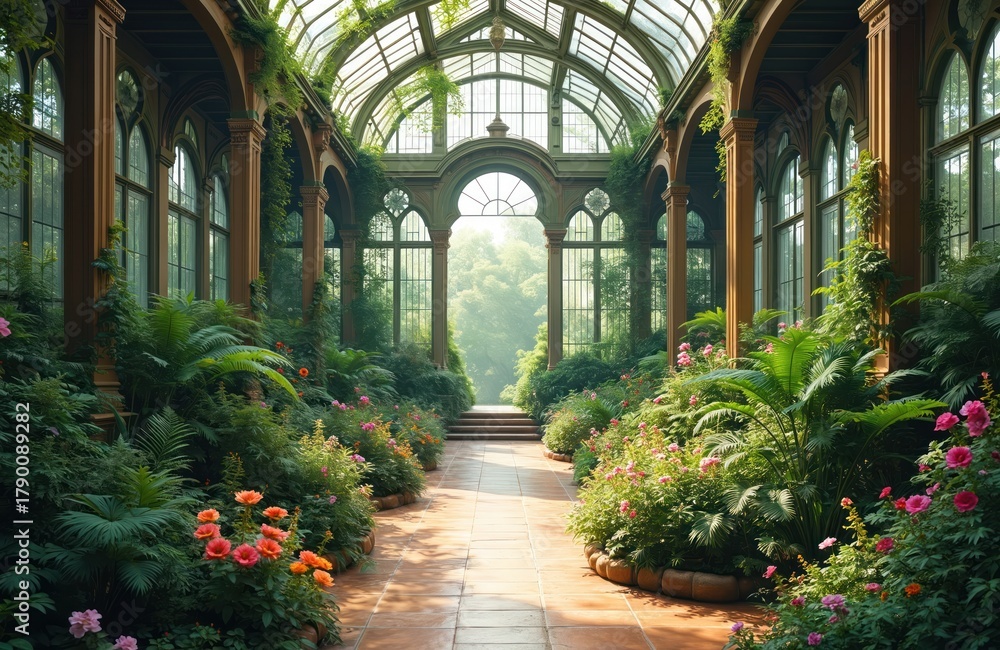 Fototapeta premium Victorian botanical garden walkway with rich green plants, blooming flowers. Ornate greenhouse structure with glass roof, arched windows creates historic ambiance. Sunlight streams through,