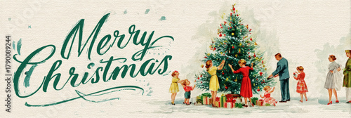 A cheerful family decorates a Christmas tree with colorful ornaments in a cozy living room. The scene captures the warmth and joy of the holiday season in the 1950s, banner
