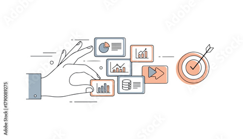 Hand placing data chart tiles leading towards a target with an arrow, representing business goals and data analysis.