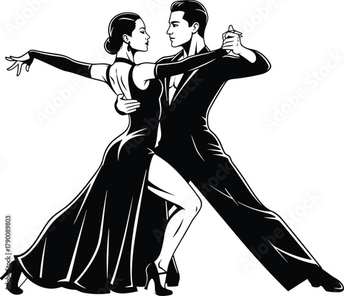 Illustration of elegant tango dancers in a passionate embrace, showcasing the beauty and intensity of the dance