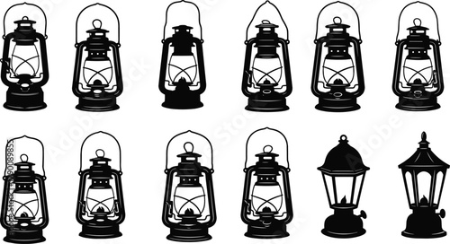 Illustration of collection of vintage kerosene lamps, a nostalgic reminder of simpler times, casting a warm glow in the darkness
