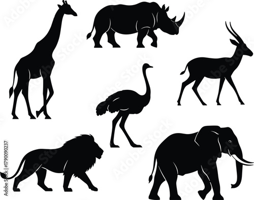 Illustration of african animals silhouettes giraffe, elephant, ostrich, rhino, antelope, and lion in black color
