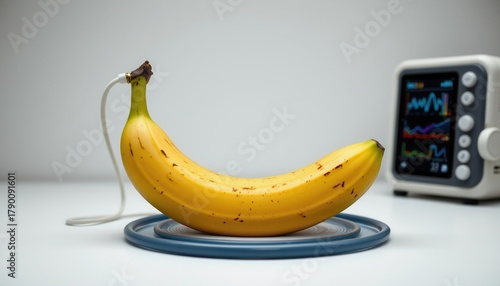 Banana connected to medical device on white table with health monitor in background showing colorful data and graphs