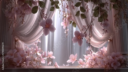 Dreamlike Tang-Style Floral Background with Elegant Drapes
