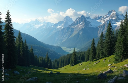 Fototapeta Naklejka Na Ścianę i Meble -  Green mountain valley with pine trees and snow capped peaks under blue sky. Sunlit grassy meadow with rocks overlooks distant village. Serene landscape.