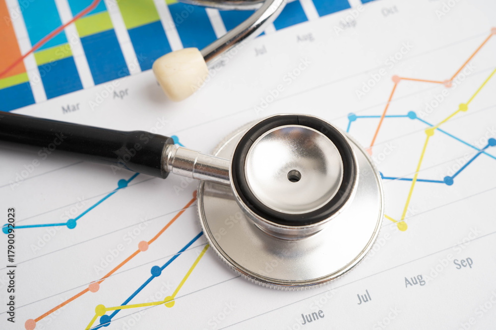 Fototapeta premium Stethoscope on chart or graph paper, Financial, account, statistics and business data medical health.