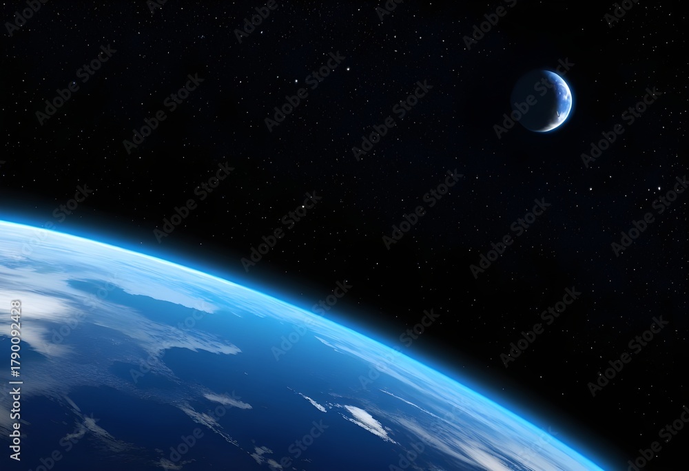Obraz premium View of Earth and the Moon from outer space with a dark starry background.
