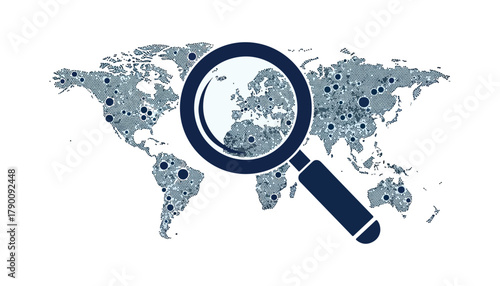 A stylized world map with a magnifying glass, focusing on Europe, highlighting global analysis.