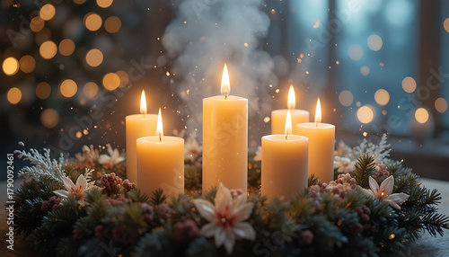 Advent Candles on Christmas Wreath with Sparkling Lights Warm Cozy Holiday Scene