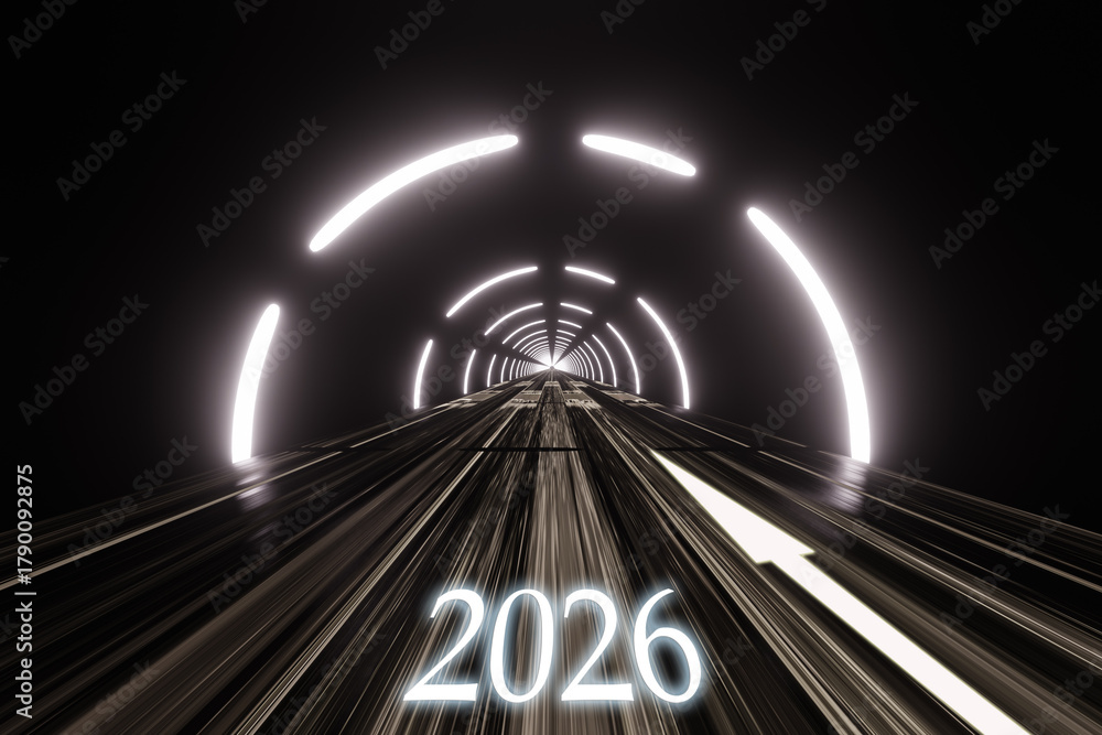 Fototapeta premium Highway road asphalt tunnel and Happy New Year 2026 concept