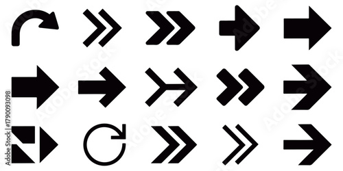 Mixed direction arrow symbol set with forward, back, rotate, and turn icons in minimalist black silhouette design for navigation and interface graphic layout