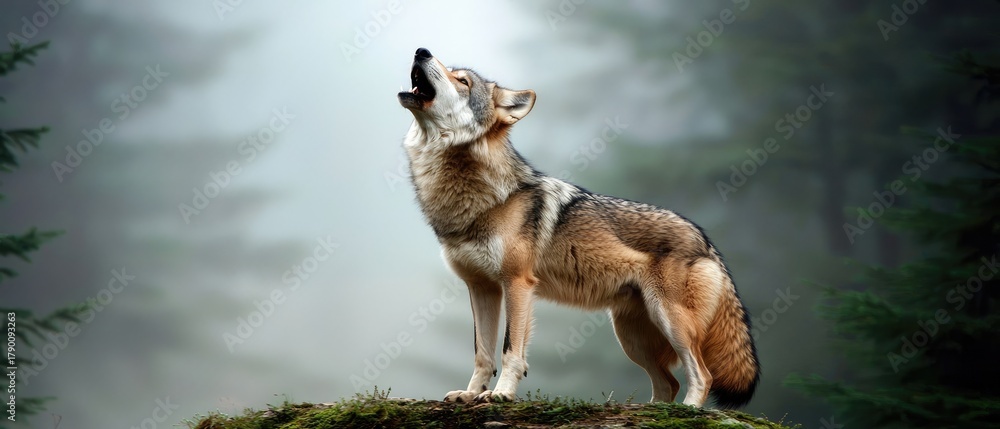 Naklejka premium Gray wolf stands on cliff edge barking in misty morning light surrounded by a lush pine forest in breathtaking detail