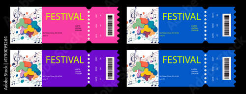 Editable Vector Concert Event Ticket Template: Modern Festival Pass Background with Party Entrance Mockup and Music Event Ticket Layout Design.