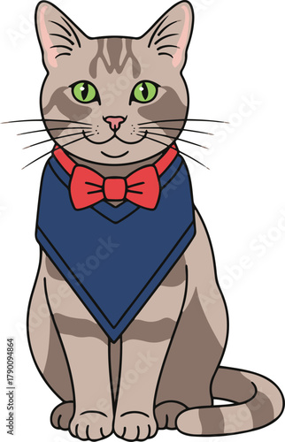 a stylish gray tabby cat with bright green eyes, wearing a navy blue bandana with a red bow tie overlay, sitting.
