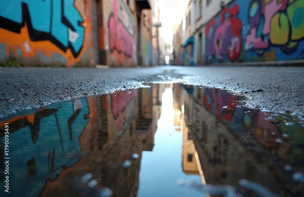 Fototapeta premium Low angle shot of urban alleyway with bright graffiti art on walls. Reflecting buildings in a water puddle on asphalt street. Colorful city scene with wet ground.