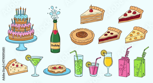 Cheerful birthday celebration illustration featuring cake, champagne, pies, and drinks