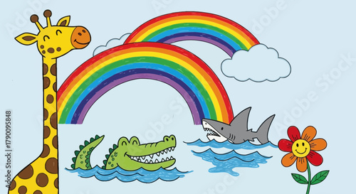 Colorful Illustration of Animals, Rainbows, and a Flower in a Whimsical Style