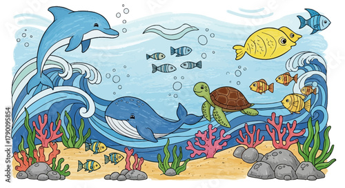 Enchanting Underwater World: A Vibrant Cartoon Illustration of Marine Life and Coral Reef