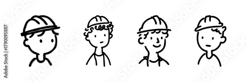 Construction Workers With Hard Hats Line Icon Set In Doodle Style. Safety, Teamwork, And Construction Industry Outline Sketch Collection. Hand Drawn Isolated Vector Illustration