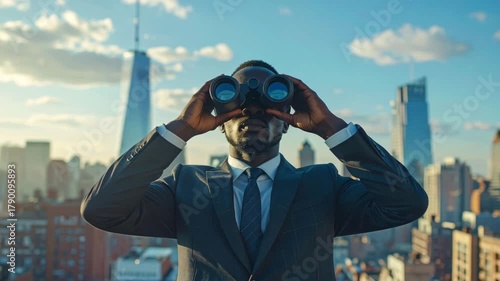 Businessman in a suit on a rooftop using binoculars to look at the city skyline, symbolizing vision and foresight.