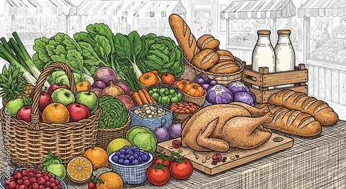 A vibrant farmers market scene with fresh produce and baked goods in abundance