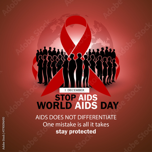 World AIDS Day Awareness Poster with Red Ribbon and People Silhouette