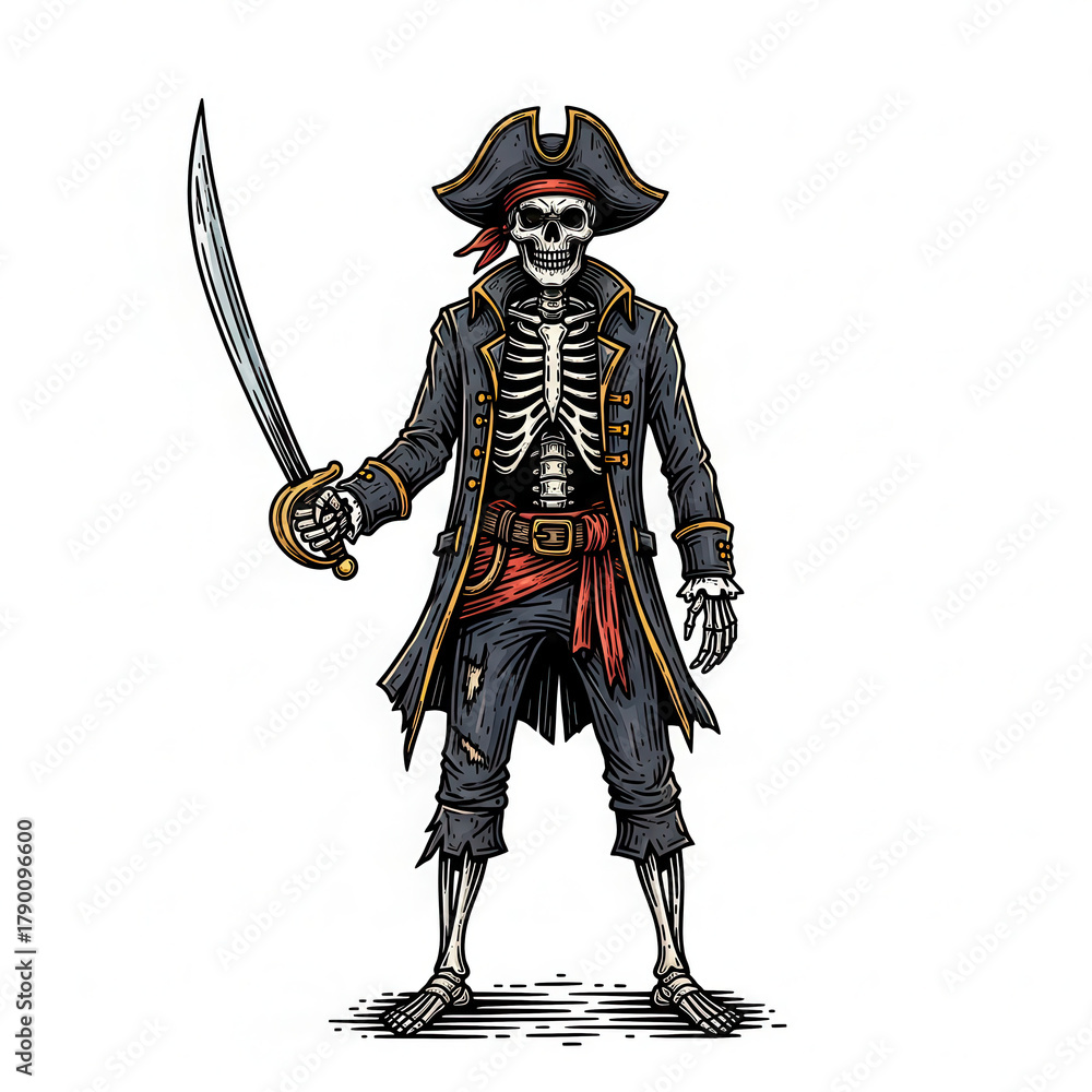 Fototapeta premium Skeleton pirate holding sword in full uniform, vintage fantasy illustration combining gothic horror and adventure aesthetics