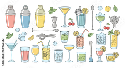 Vibrant hand-drawn cocktail illustration featuring an assortment of different drinks