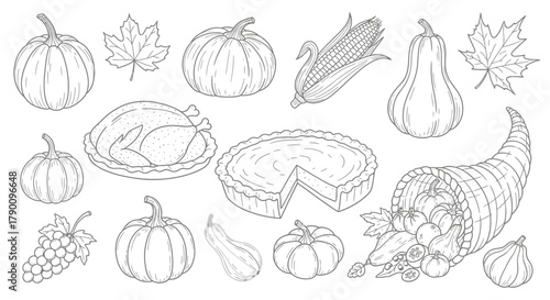 Thanksgiving seamless pattern with holiday elements, hand-drawn outline illustration