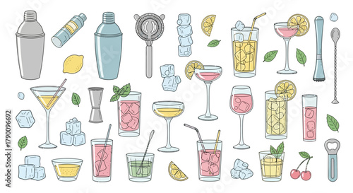 Hand drawn cocktail set with alcohol drinks and bar equipment for parties celebration