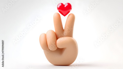 3D illustration of a hand making a peace sign with a heart floating above it