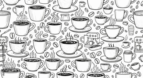 Hand-drawn coffee pattern featuring cups, beans, and coffee machines in monochrome
