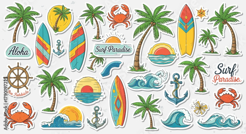 Summer themed stickers set featuring tropical elements and surf related designs