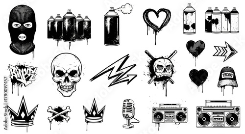 Collection of striking black and white street art elements illustration design
