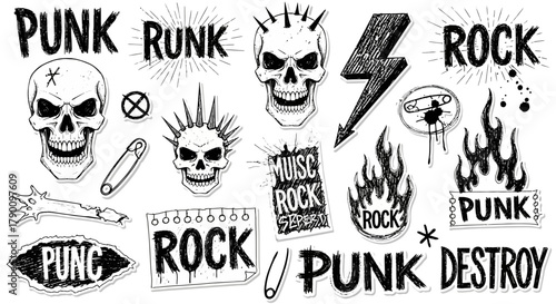 Collection of hand-drawn punk rock doodles with skulls, flames, and rebellious slogans