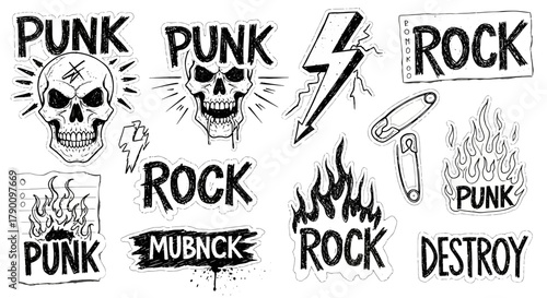 Grunge Punk Rock Stickers Vector Illustration Featuring Skulls, Flames, and Lightning Bolts