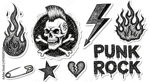Set of hand-drawn punk rock elements stickers on a white background concept