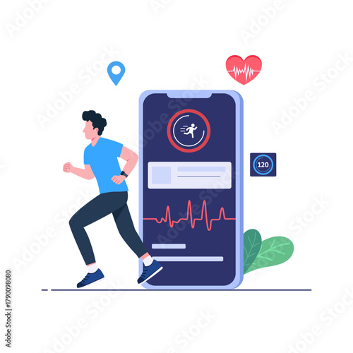 Man character running and doing workout, Fitness tracker mobile app flat illustration vector template, Monitoring heart rate in fitness app on a smartphone